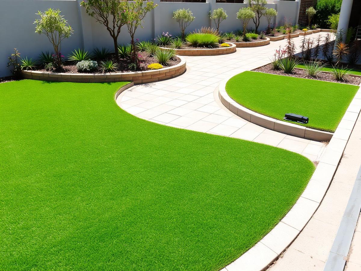 Landscaped garden with fresh lawn and paved pathway in Alberton