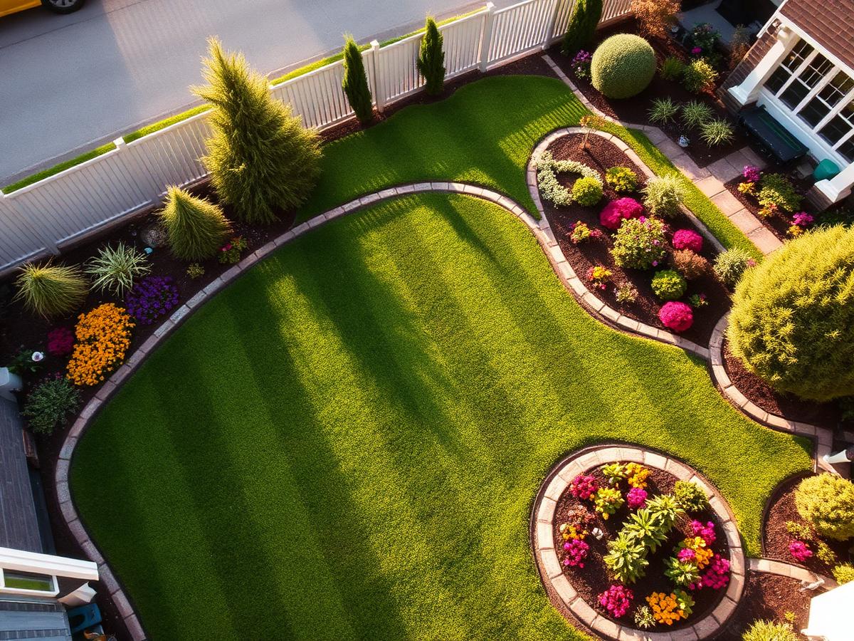 Overhead view of manicured backyard with striped lawn and flower beds