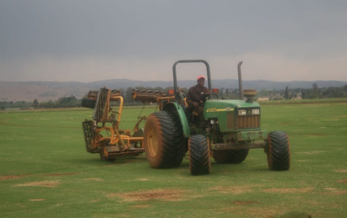 Tractor mowing an instant lawn turf field near Alberton